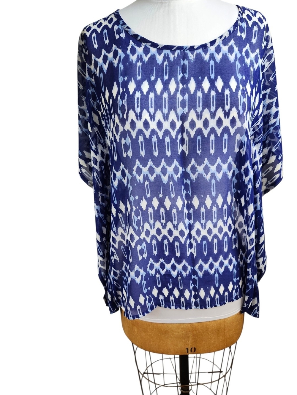 H&M Blue and White Sheer Ikat Patterned Tunic Top M